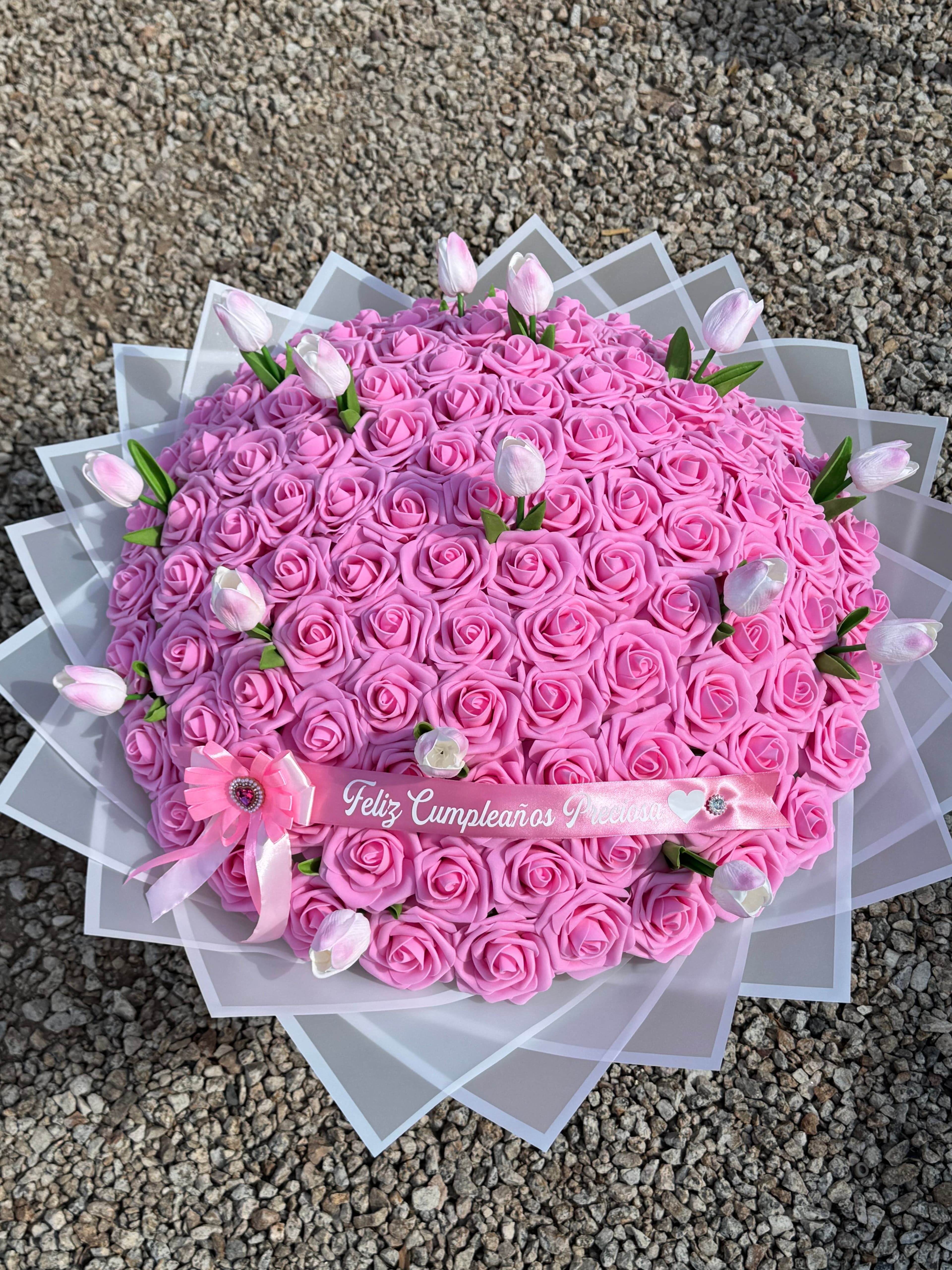 100 Pink Eternal Rose Bouquet with Tulips | Luxury Artificial Foam Flower Arrangement - photo 1