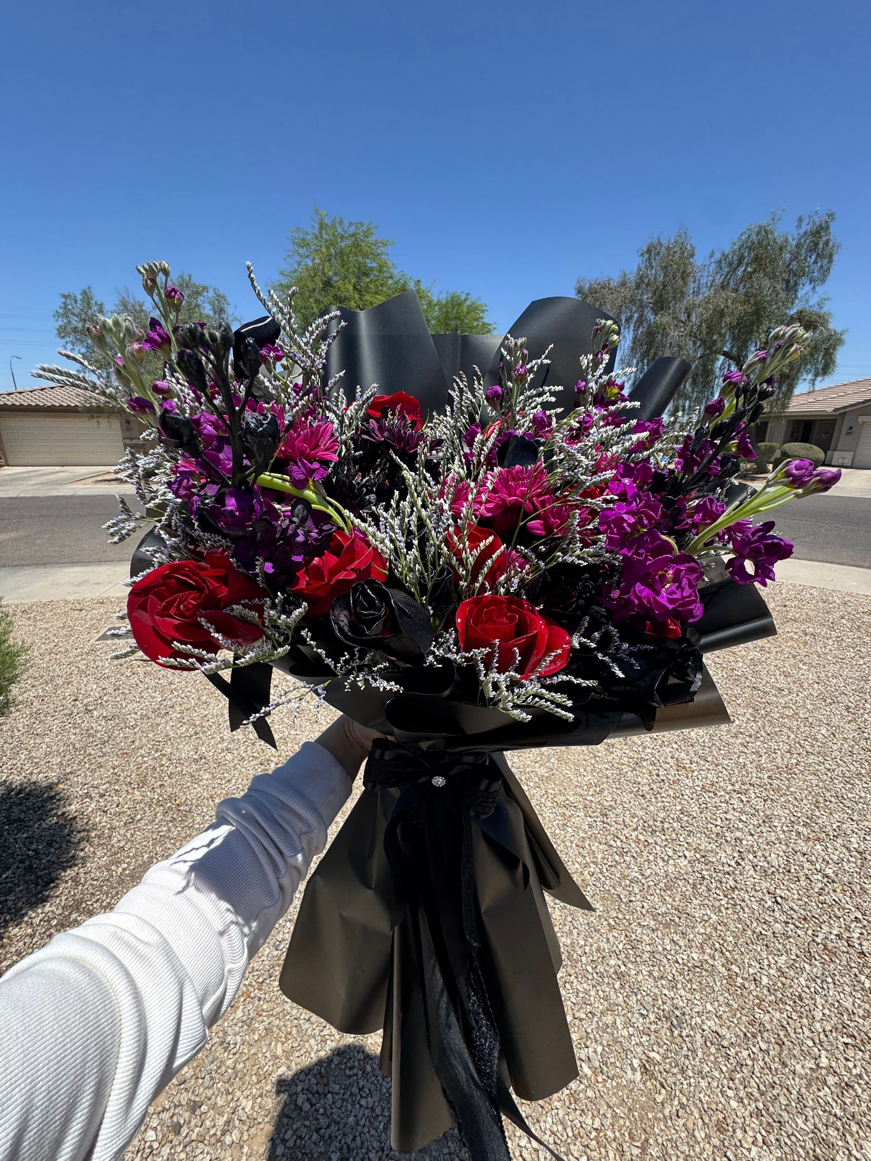 Black Velvet Natural Flower Bouquet | Red Roses, Black Roses & Purple Flowers - photo 1