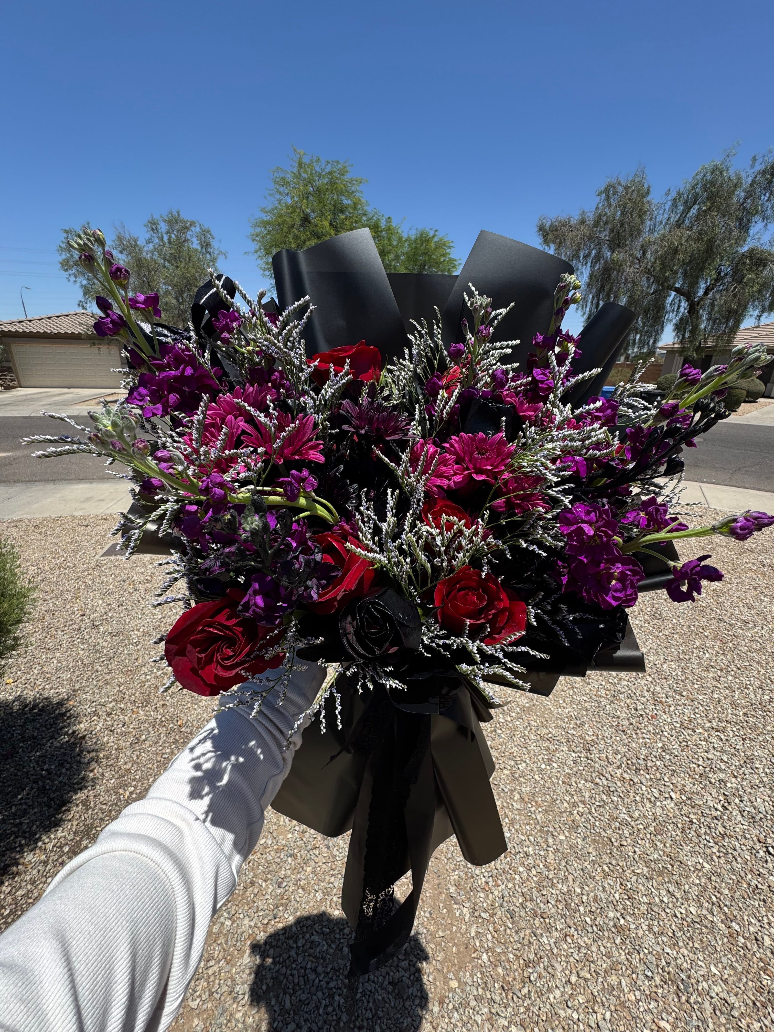 Black Velvet Natural Flower Bouquet | Red Roses, Black Roses & Purple Flowers - photo 2