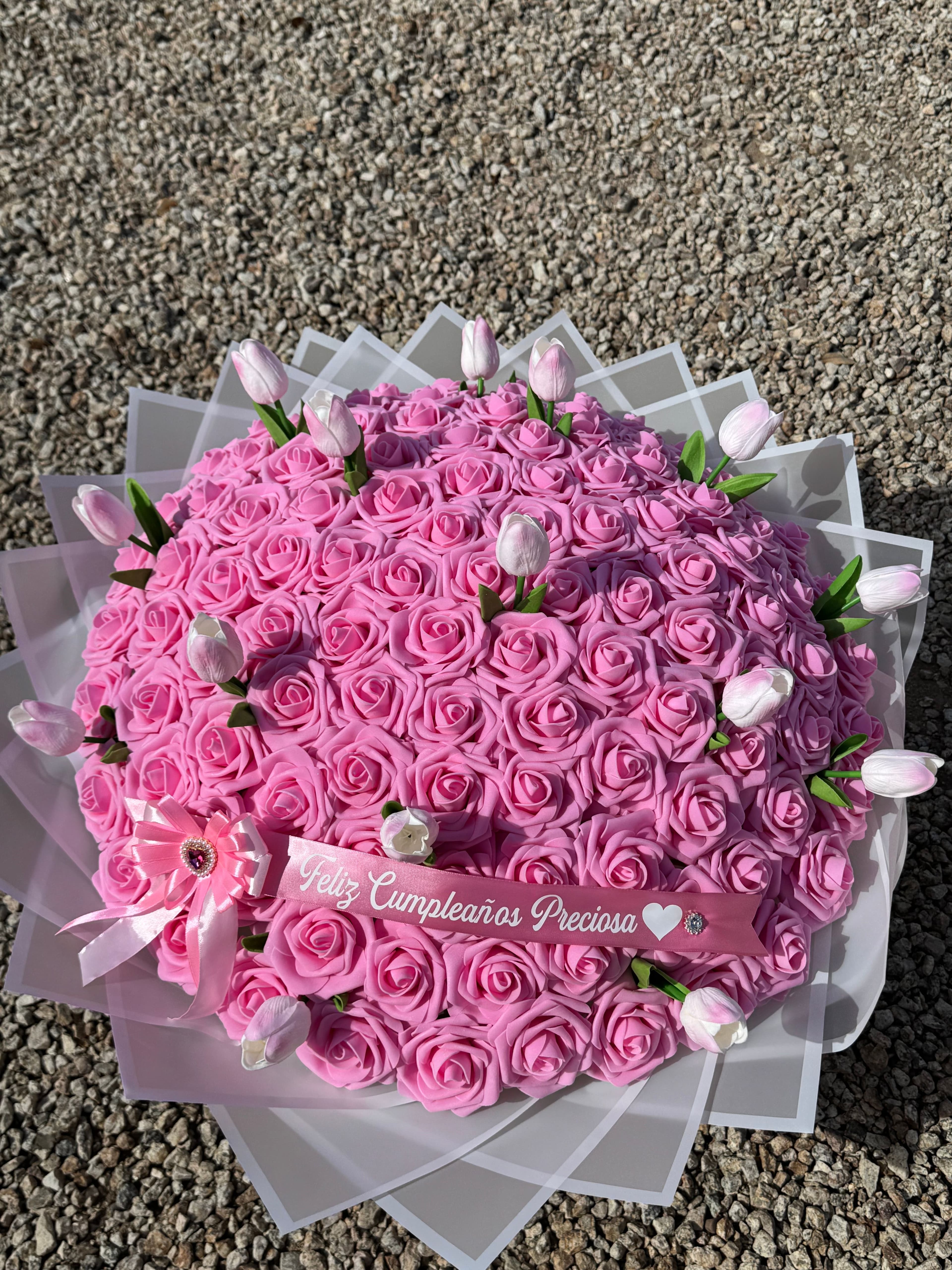 100 Pink Eternal Rose Bouquet with Tulips | Luxury Artificial Foam Flower Arrangement - photo 2