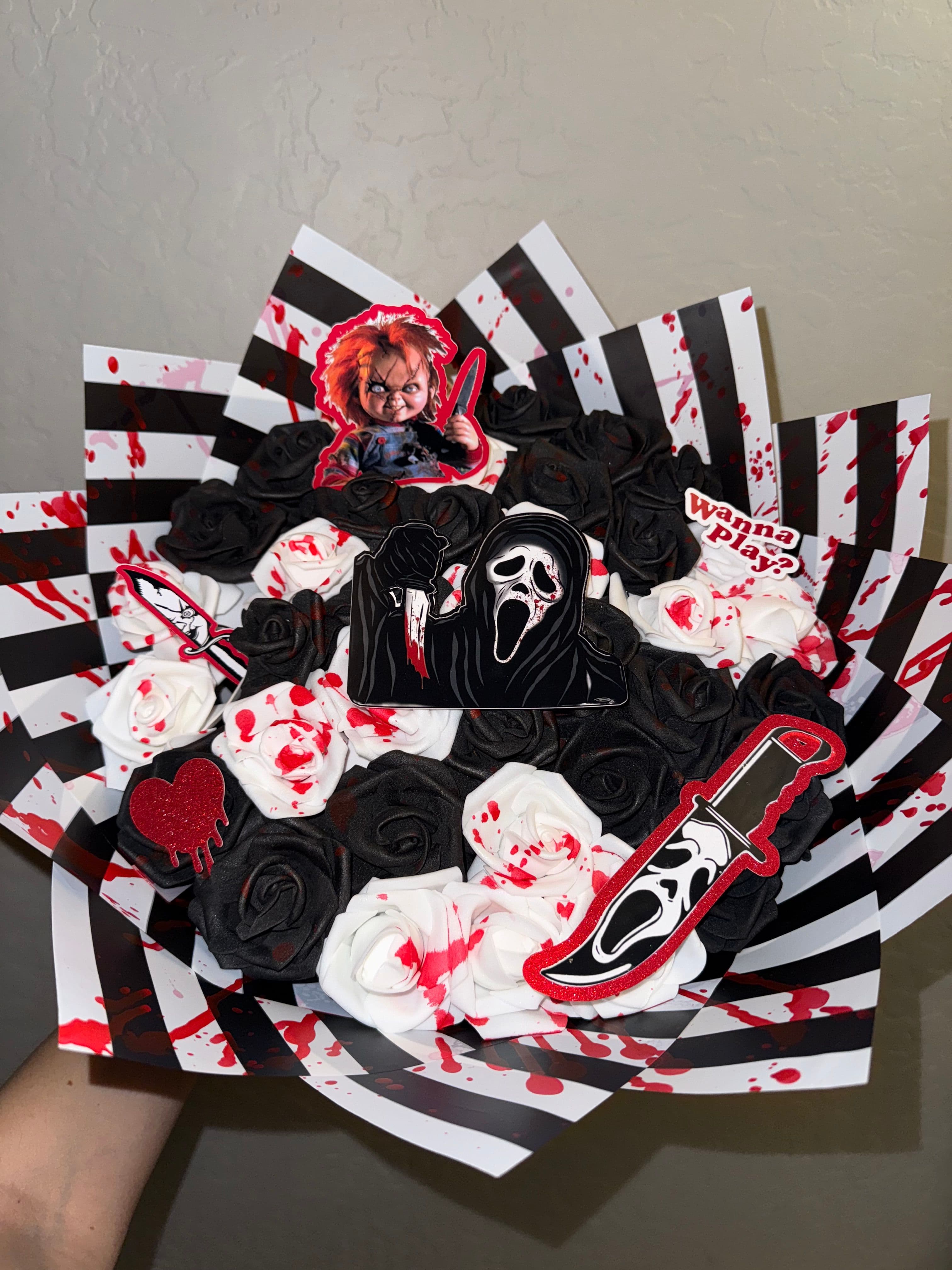 Ghostface Horror Rose Bouquet | Black & White Eternal Roses with Chucky Decor - photo 1